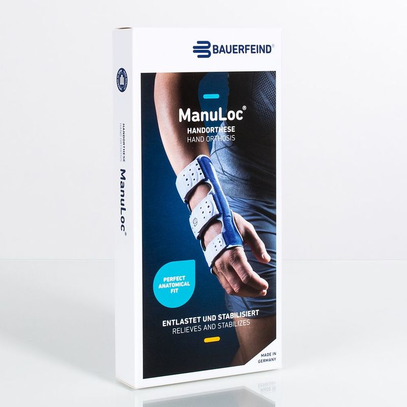 Image of the product packaging for Bauerfeind's ManuLoc wrist support splint.