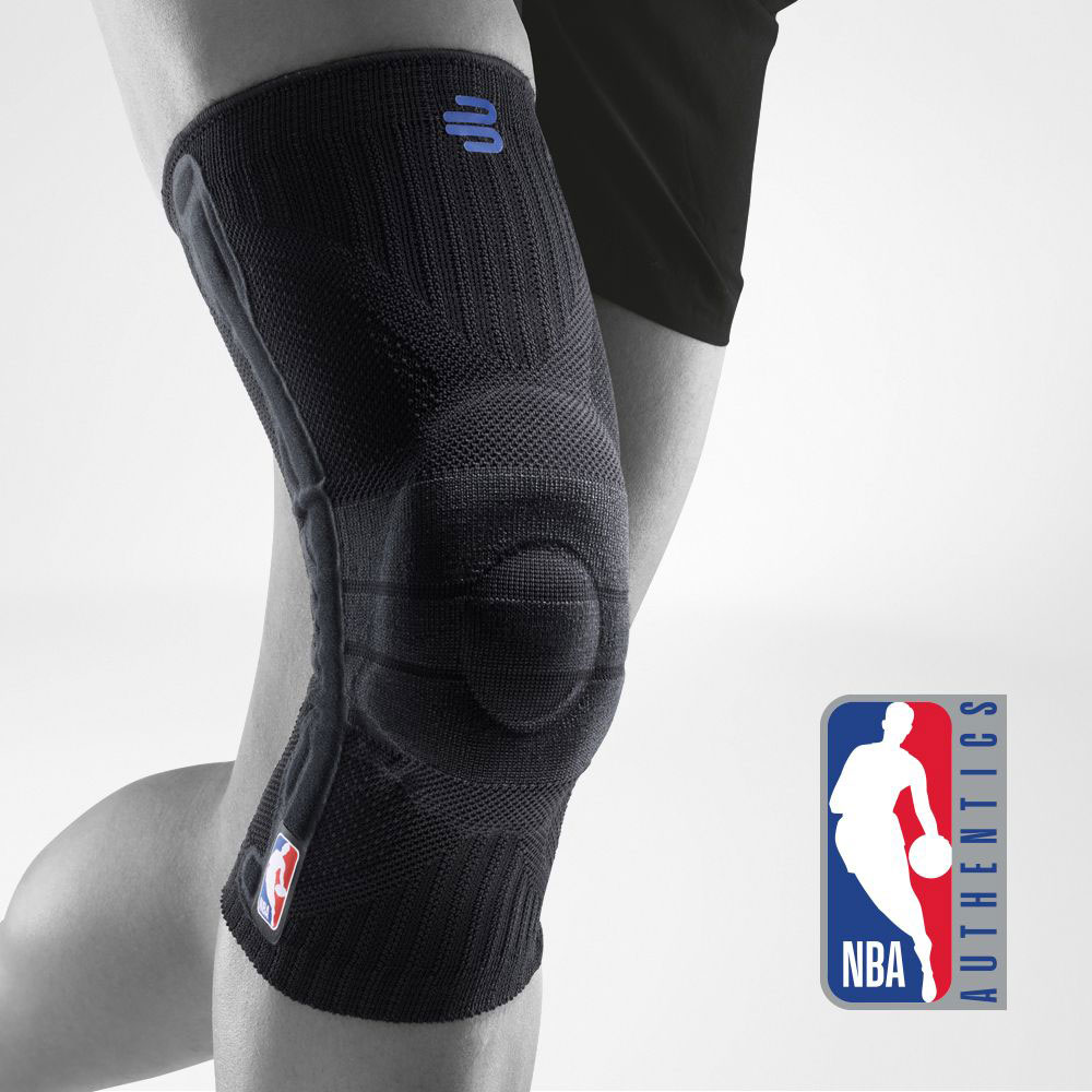 Close-up of a knee wearing a black knee brace with an NBA logo, indicating NBA Authentics.