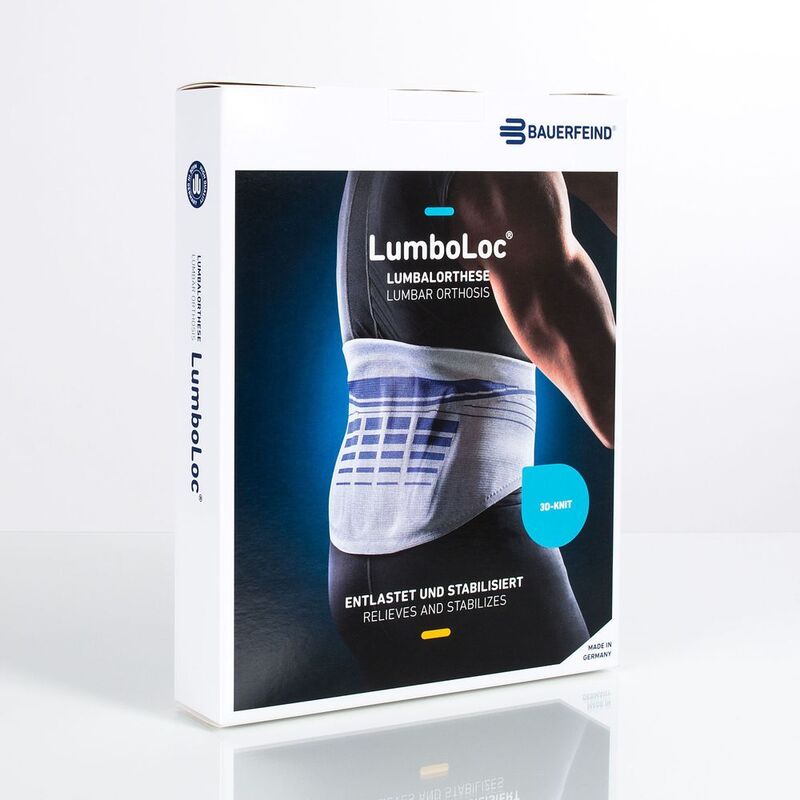 Bauerfeind LumboLoc lumbar orthosis packaging with product details and image of waist support.