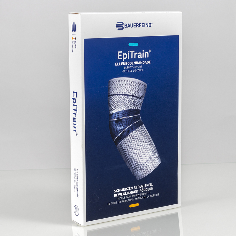 Image of the product packaging for Bauerfeind's EpiTrain elbow brace.