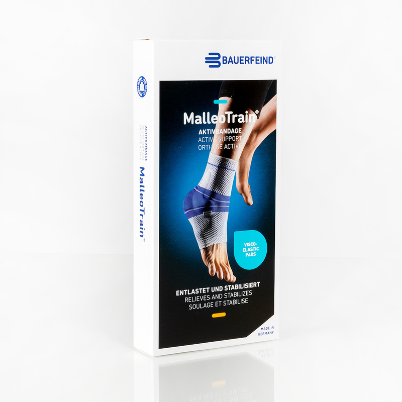 Bauerfeind MalleoTrain ankle support brace packaging with a visual of the product in use, featuring stabilization technology.