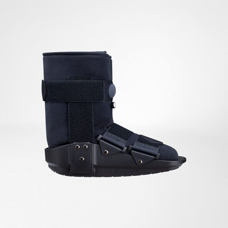 Navy blue orthopedic walking boot with adjustable straps and reinforced sole on a white background.