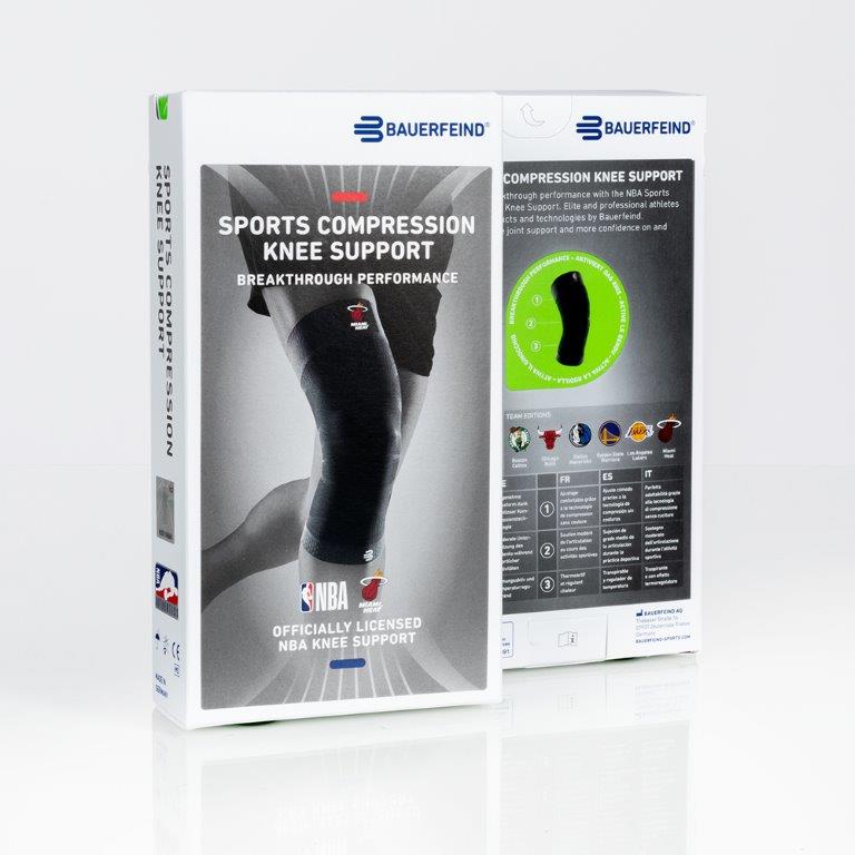 Bauerfeind Sports Compression Knee Support packaging, officially licensed by NBA, featuring Miami Heat logo