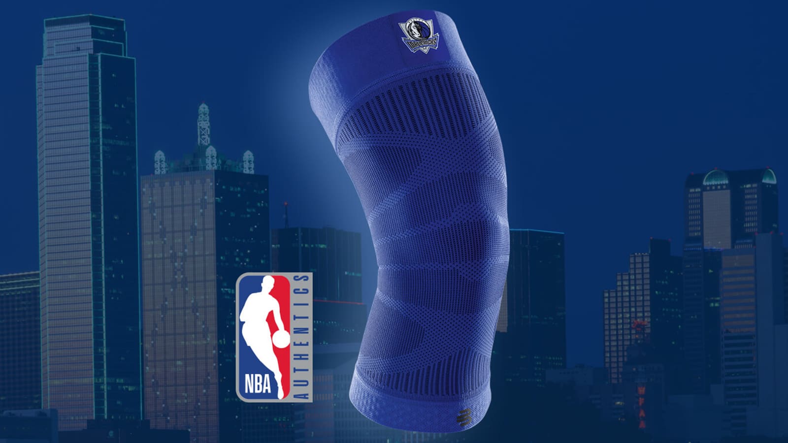 Bauerfeind's Sports Compression Knee Support NBA Mavericks Edition with NBA Authentics logo and Dallas skyline in the background.