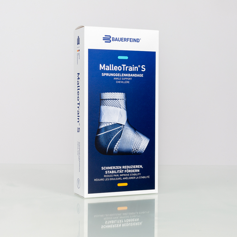 Bauerfeind MalleoTrain S ankle support brace packaging displaying the product on white background