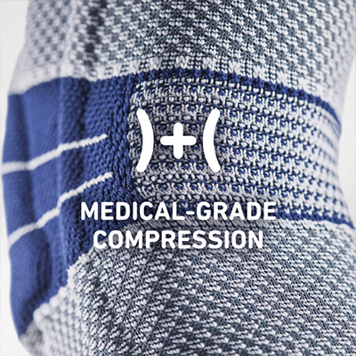 Close-up image of Bauerfeind's GenuTrain knee brace featuring its medical-grade compression knit fabric.