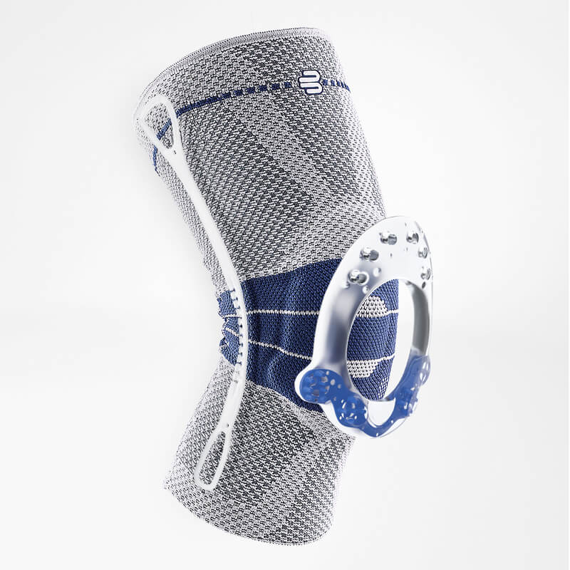 Image of Bauerfeind's titan GenuTrain knee brace with its Omega+ Pad and integrated donning aids.