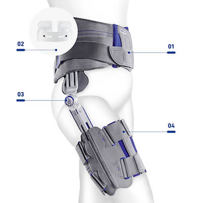 Advanced robotic knee brace on human model displaying key features labeled from  1 to  4