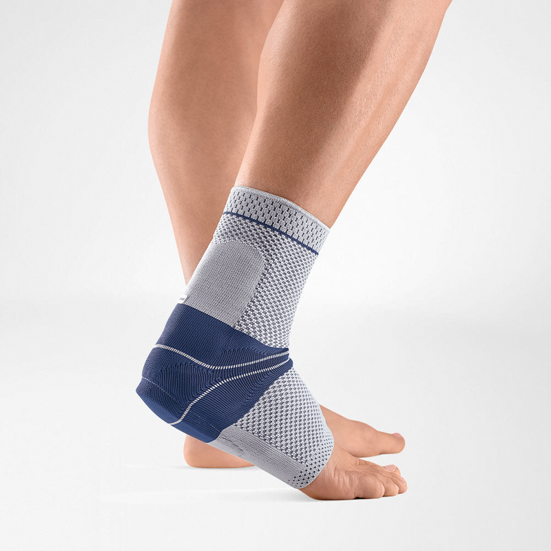 Close-up of a blue and gray ankle support brace on a person's leg with white background emphasizing the product features.