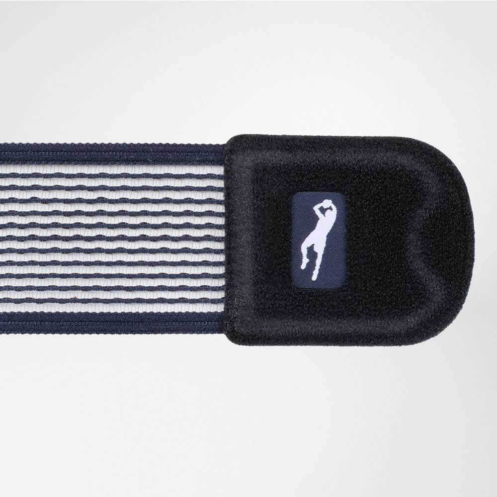 Elastic sports band with a black Velcro strap and white logo.