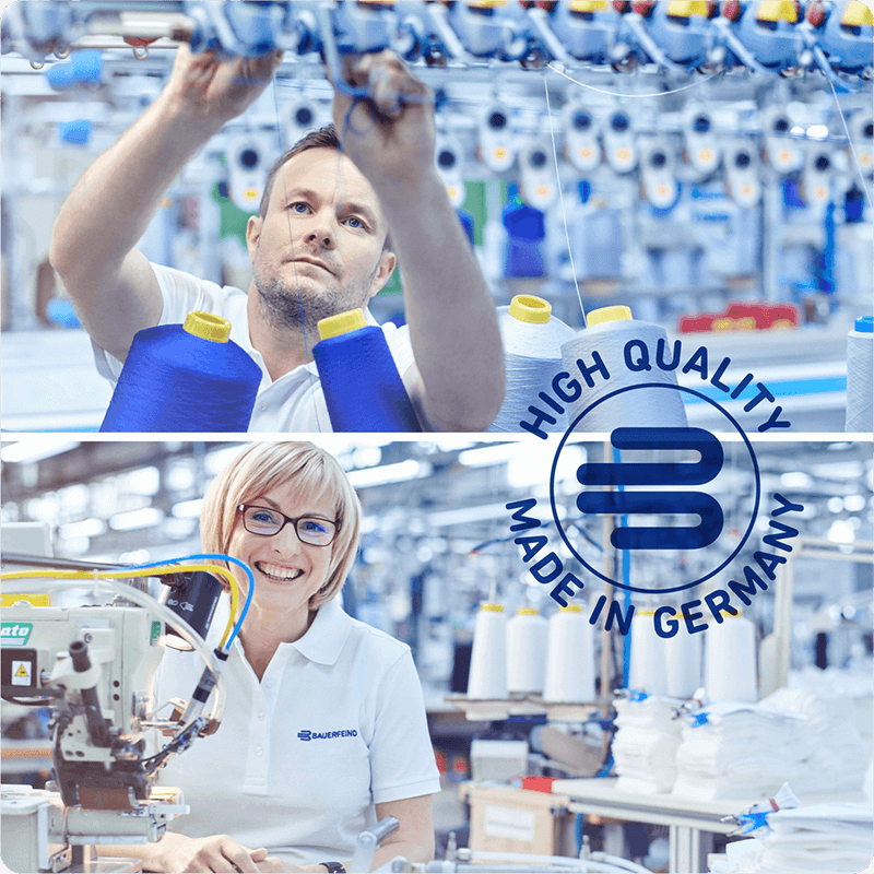 A man adjusts machinery with blue and yellow threads, and a woman operates advanced textile equipment at Bauerfeind's manufacturing facility in Germany.