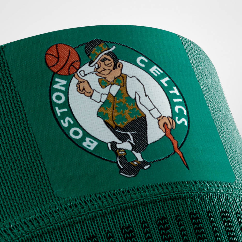 Boston Celtics logo on a green fabric with detailed embroidery