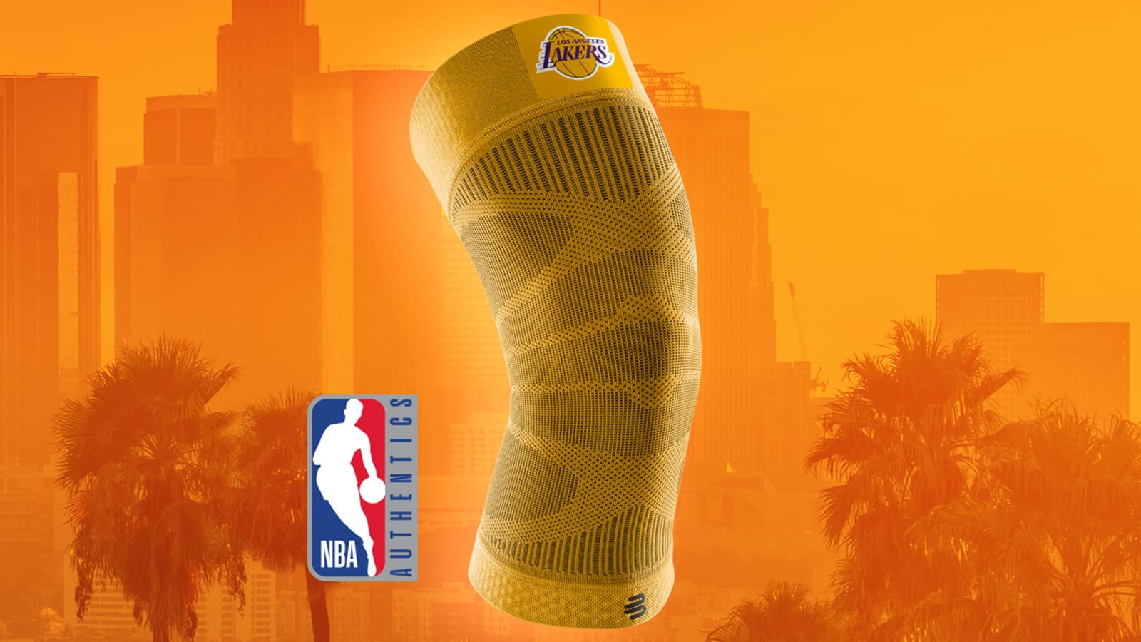 Bauerfeind's Sports Compression Knee Support NBA Lakers Edition with NBA Authentics logo and Los Angeles skyline in the background.