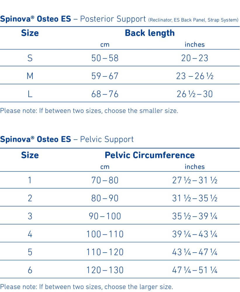 Size chart for Spinova Osteo ES medical braces showing sizes in centimeters and inches for posterior and pelvic support.