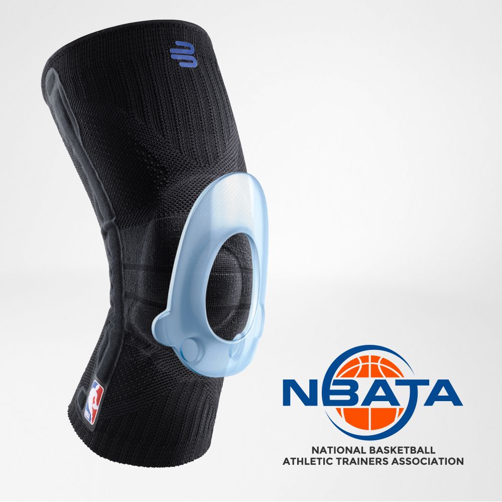 Black knee brace with blue support from the NBA and NBATA, displayed on a white background.