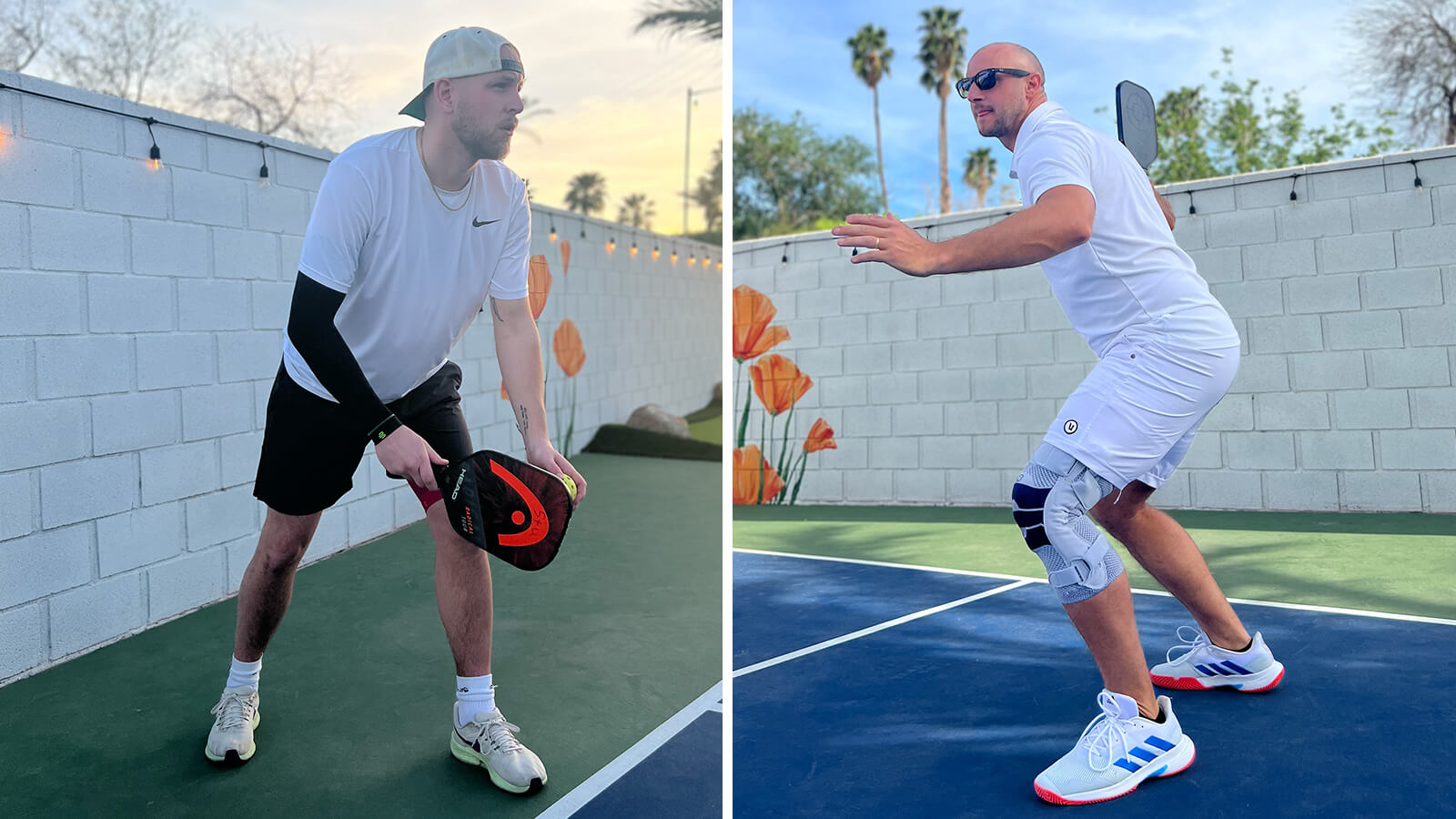 Two men playing pickleball, while the man on the left wears Bauerfeind's Sports Compression Arm Sleeves and the man on the right wears Bauerfeind's GenuTrain S knee brace.