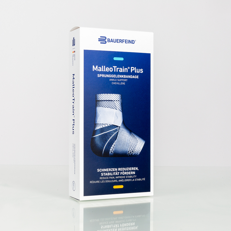 Bauerfeind MalleoTrain Plus ankle support brace packaging on white background