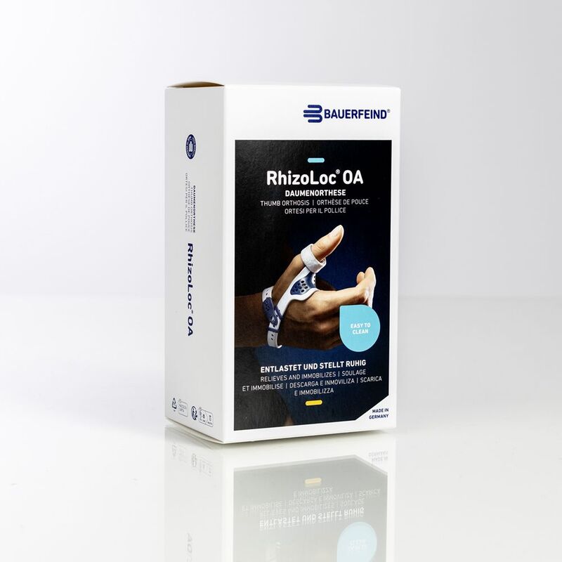 Image of the product packaging for Bauerfeind's RhizoLoc OA arthritis thumb brace.