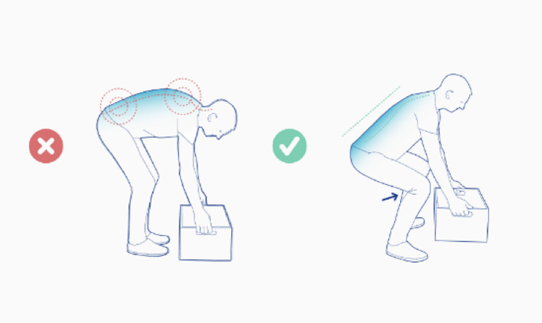 Illustration showing incorrect and correct lifting techniques for back safety