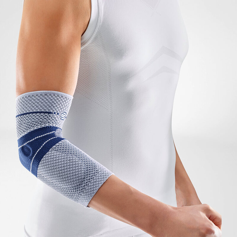 Close-up image of a person wearing Bauerfeind's titan EpiTrain elbow brace.