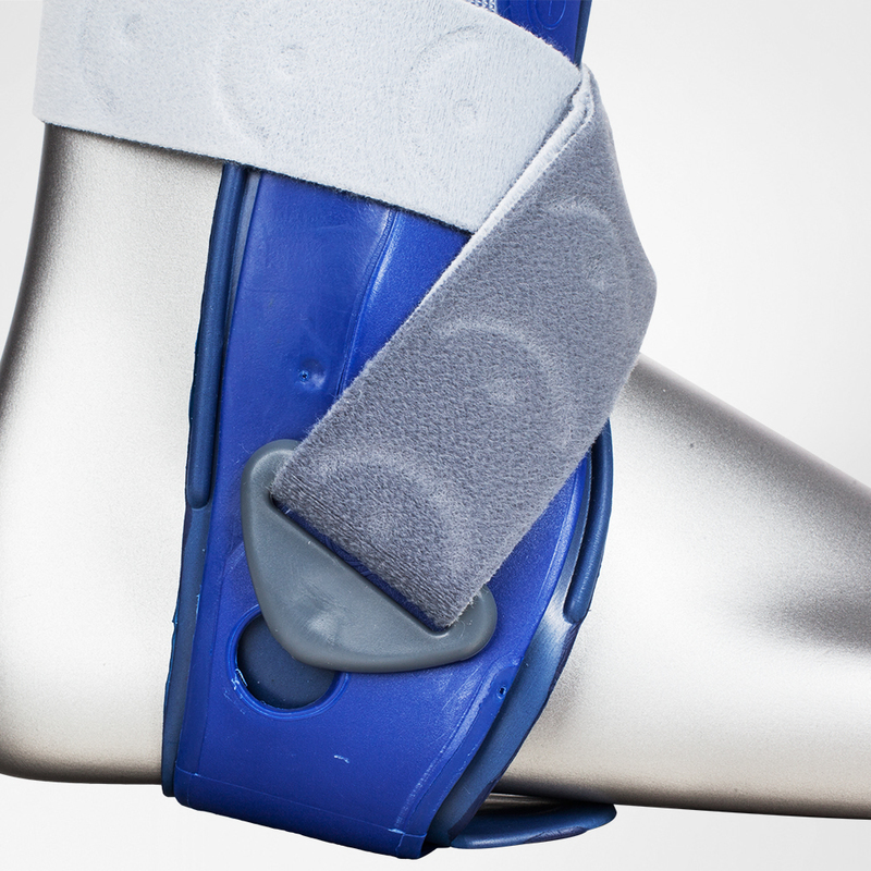 Close-up of a blue MalleoLoc Ankle Stirrup Brace with gray Velcro straps.