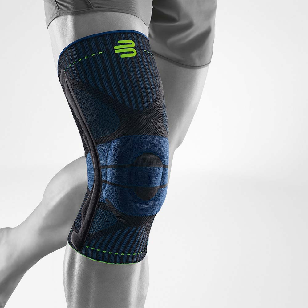 Blue and green knee brace for joint support and injury prevention