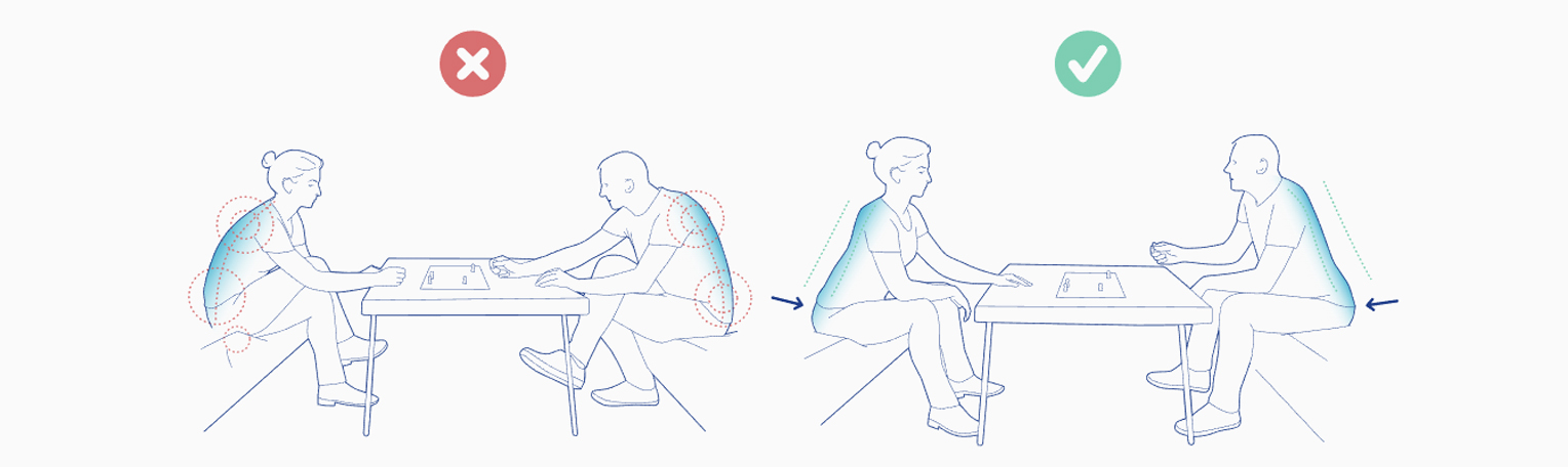 Illustration of incorrect and correct sitting postures while using a tablet at a table. Incorrect posture on the left shows slouching with a red X, correct posture on the right shows upright sitting with a green checkmark.