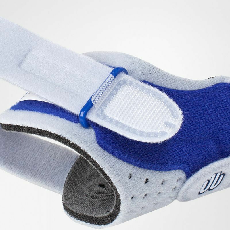 Close-up image showing the Velcro strap on Bauerfeind's RhizoLoc thumb spica splint.