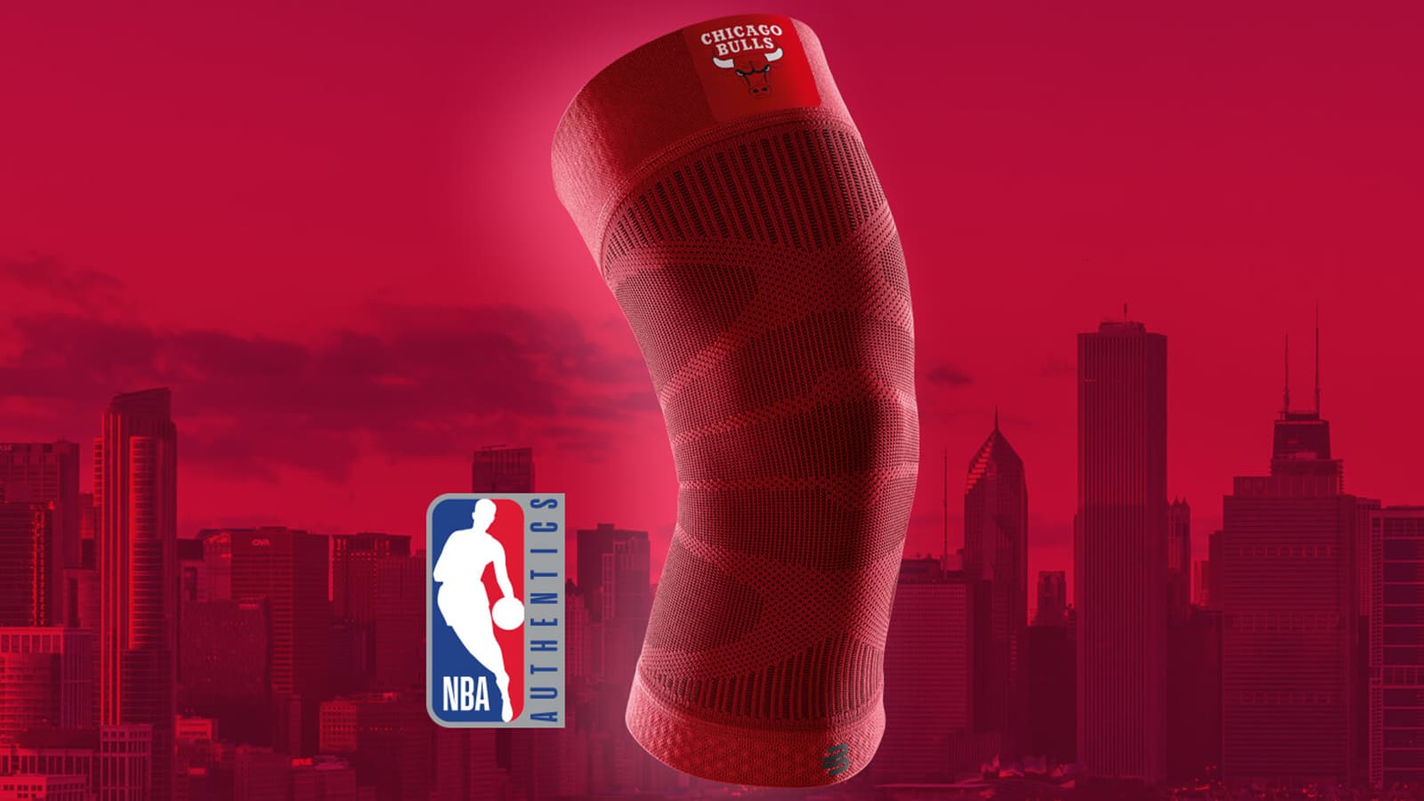 Chicago Bulls knee sleeve with NBA Authentics logo against a red city skyline background.