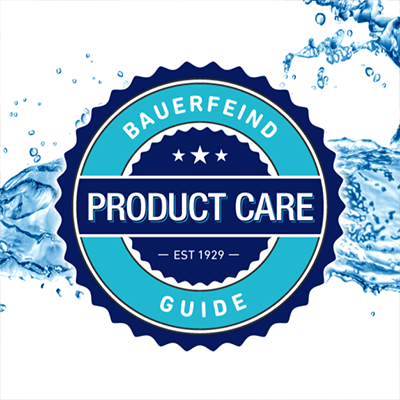 Bauerfeind Product Care Guide badge surrounded by splashing water on a white background.