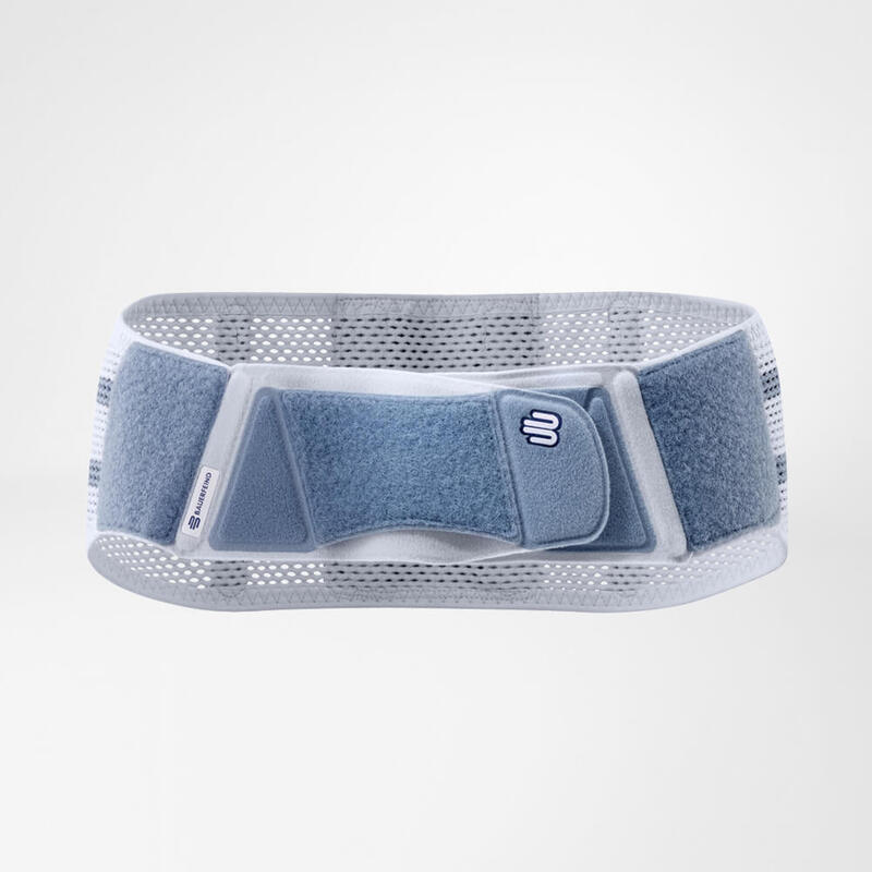 Blue and gray back support belt with Velcro fastening and breathable fabric, isolated on white background