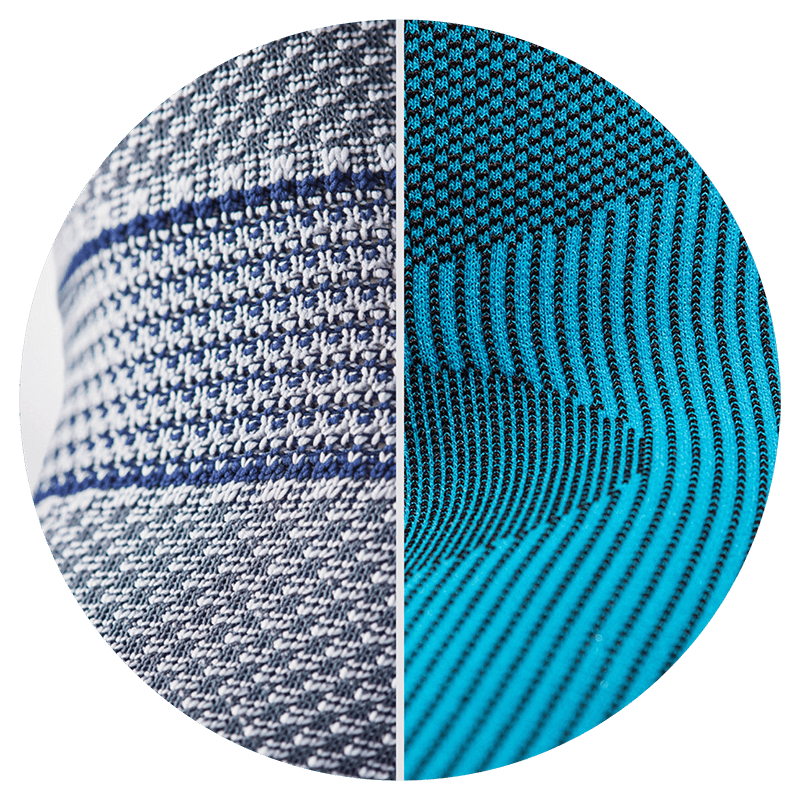 Close-up views of two different textile fabrics, one in gray and blue and the other in blue and black, showcasing their unique weave patterns.