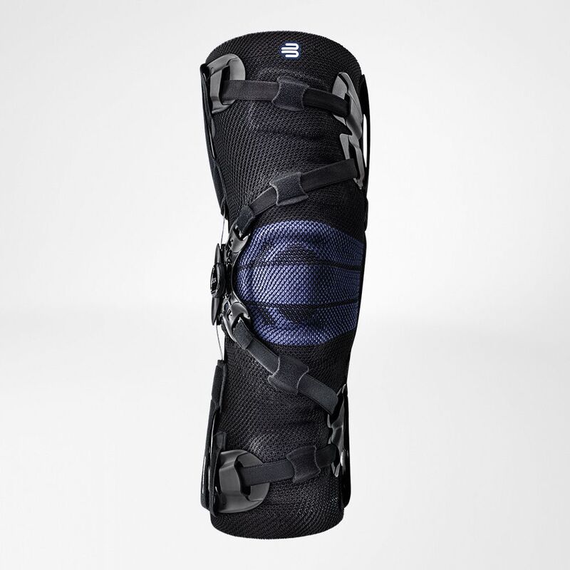 Advanced black and blue orthopedic knee brace with adjustable straps and side hinges for stability