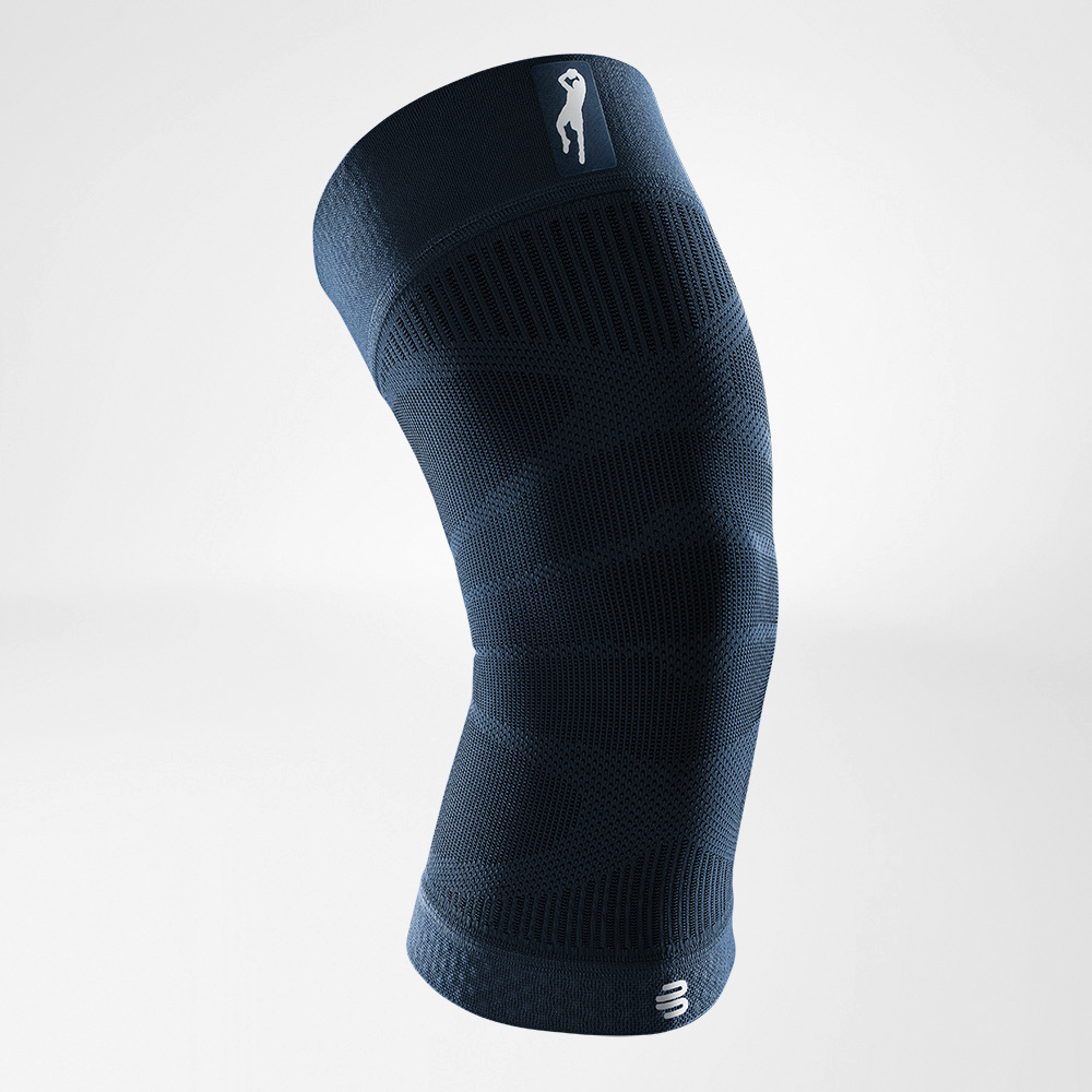 Black compression knee sleeve providing support and stability for sports and fitness.