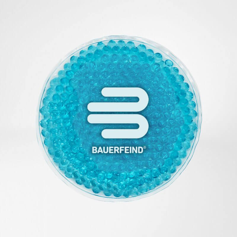 Close-up view of a Bauerfeind product with vibrant blue gel beads and the distinctive Bauerfeind logo prominently displayed.