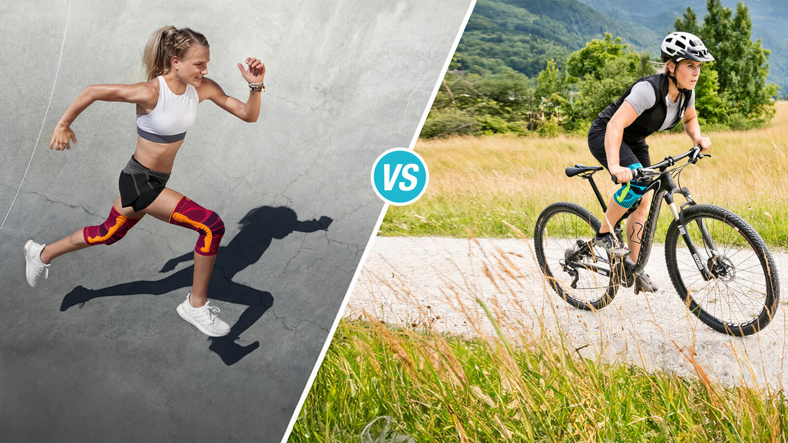 Woman mountain biking on a scenic trail while wearing Bauerfeind's Sports Compression Lower Leg Sleeves.