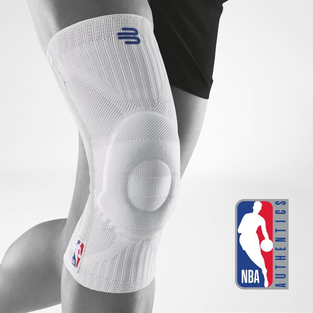 Close-up of a person wearing a black knee brace with an NBA logo for support during sports activities.