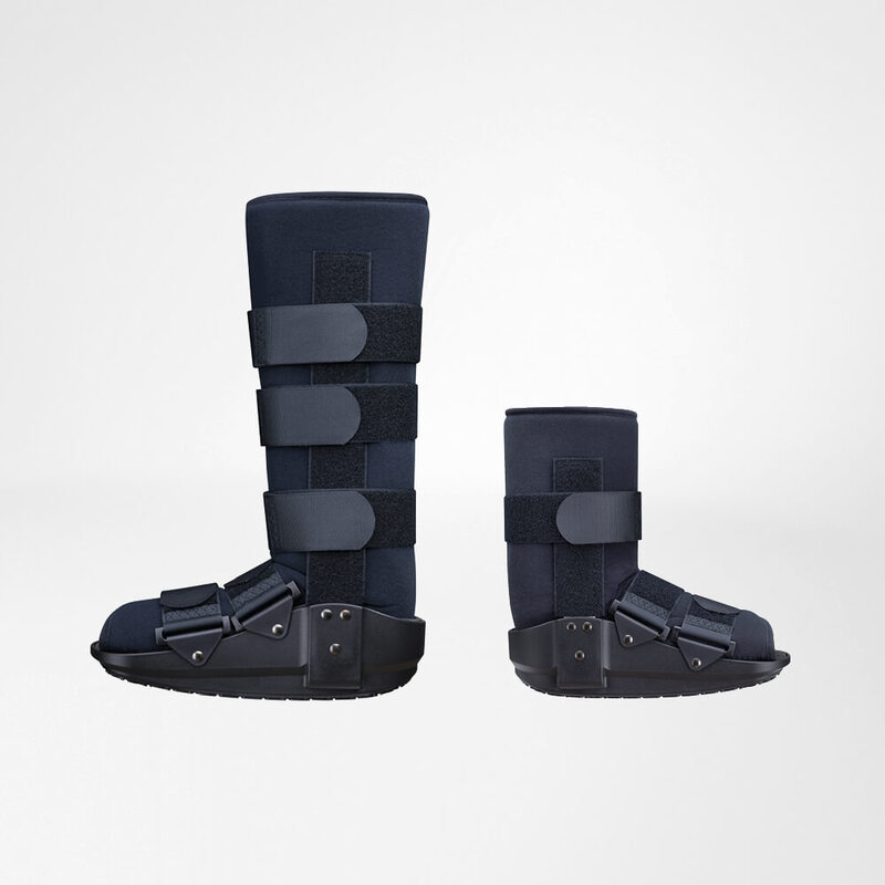 Blue orthopedic walking boots with adjustable straps and reinforced sole, isolated on a white background