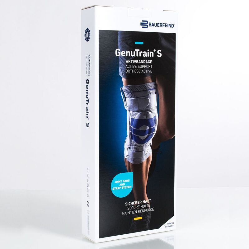 Image of the product packaging for Bauerfeind's GenuTrain S hinged knee brace.