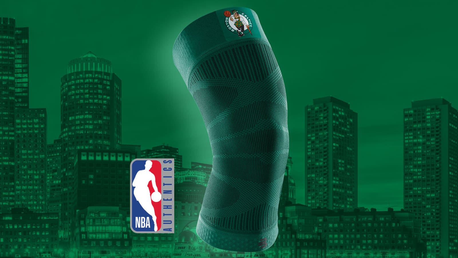 Bauerfeind's Sports Compression Knee Support NBA Celtics Edition with NBA Authentics logo and Boston skyline in the background.