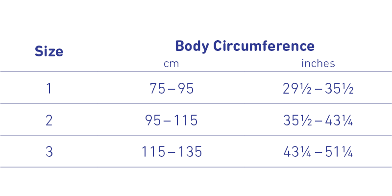 Size chart displaying three sizes with body circumference measurements in both centimeters and inches