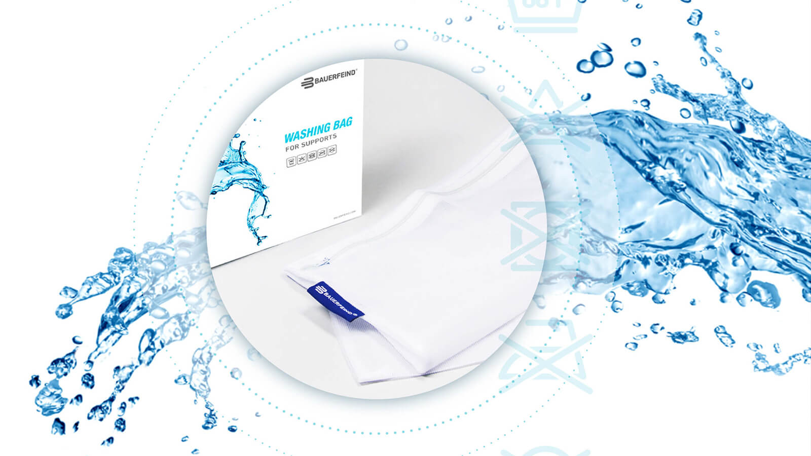 Bauerfeind washing bag for supports displayed against a dynamic water splash background, emphasizing cleanliness and care for orthopedic aids.