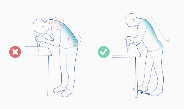 Illustration showing improper and proper posture while drilling, emphasizing ergonomic practices.