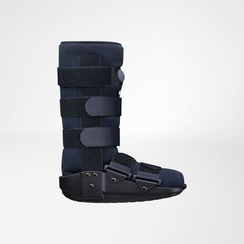 Two sizes of navy blue orthopedic walking boots with adjustable straps and rigid soles displayed on a light gray background.