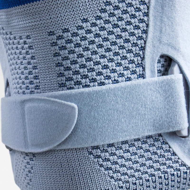 Close-up image of the circular strap system's bottom half used for Bauerfeind's GenuTrain S hinged knee brace.