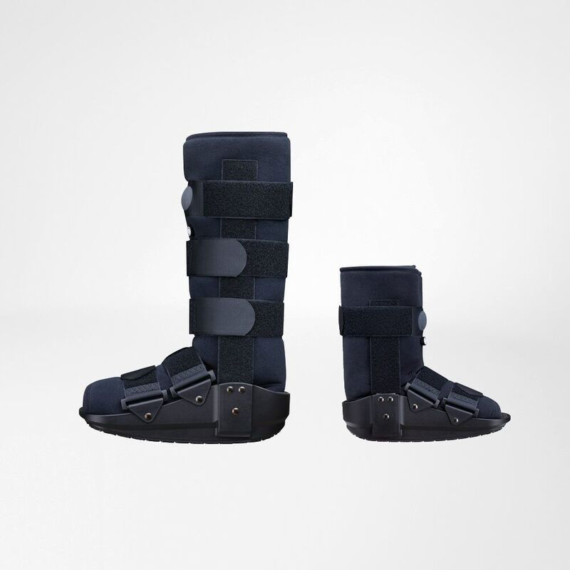 Two sizes of navy blue orthopedic walking boots with adjustable straps and rigid soles displayed on a light gray background.