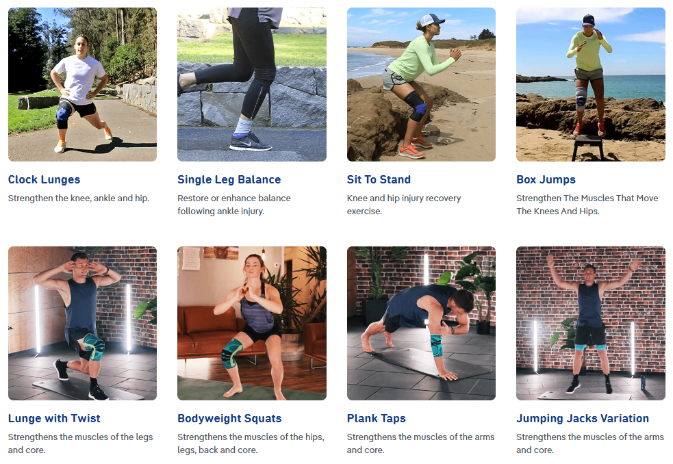 Collage of various exercises for knee and hip strengthening, including clock lunges, single leg balance, sit to stand, box jumps, lunge with twist, bodyweight squats, plank taps, and jumping jacks variation.