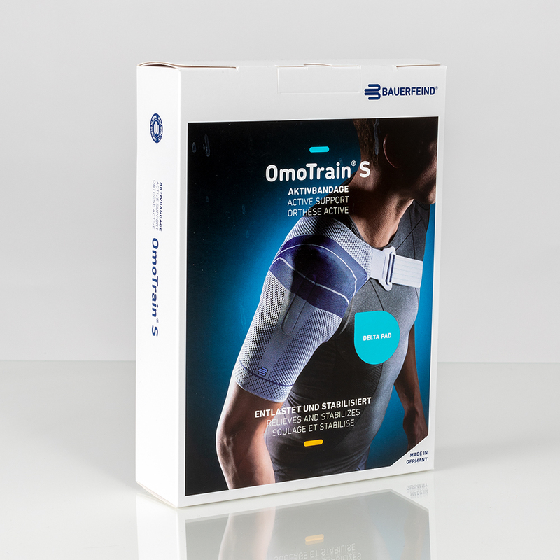 Image of the product packaging used for Bauerfeind's OmoTrain S shoulder brace.